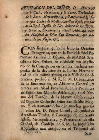 Aprobacion del señor D. Alonso de Villasìs...