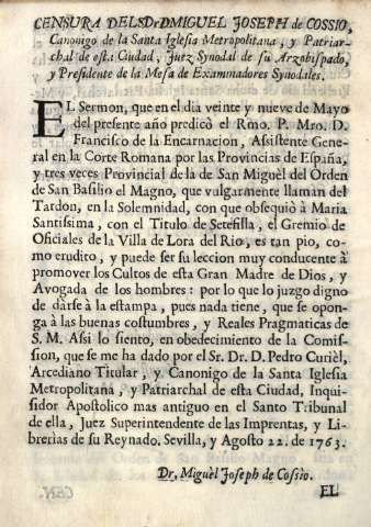 Censura del S. Dr. Miguel Joseph de Cossio...