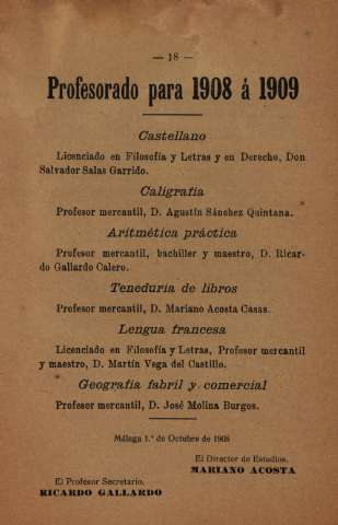 Profesorado para 1908 á 1909
