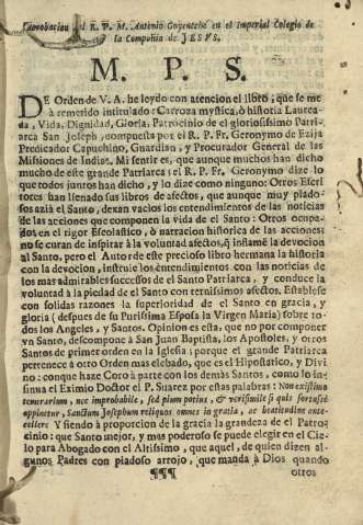 Aprobacion del R.P.M. Antoio Goyeneche en el Imperial Colegio de la Compañia de Jesvs