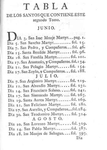Tabla de los santos que contiene este segundo tomo...