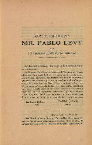 Informe del ingeniero francés Mr. Pablo Levy