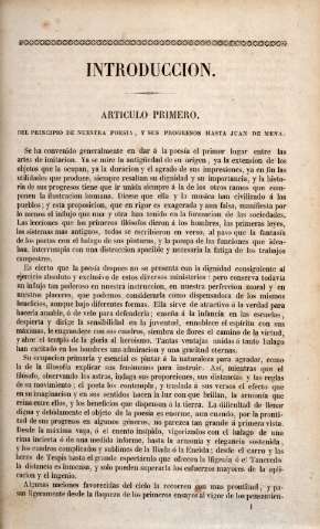 Introduccion. Articulo primero. Del principio de nuestra poesia, y sus progresos hasta Juan de Mena