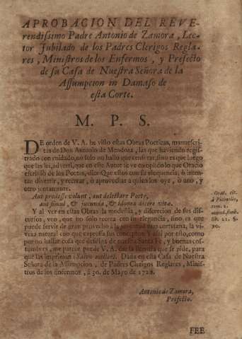 Aprobacion del reverendissimo Padre Antonio de Zamora, Lector Jubilado de los Padres Clerigos Reglares ...