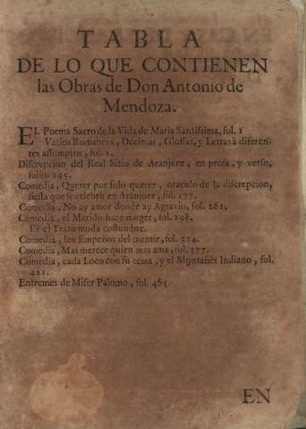 Tabla de lo que contienen las Obras de Don Antonio de Mendoza