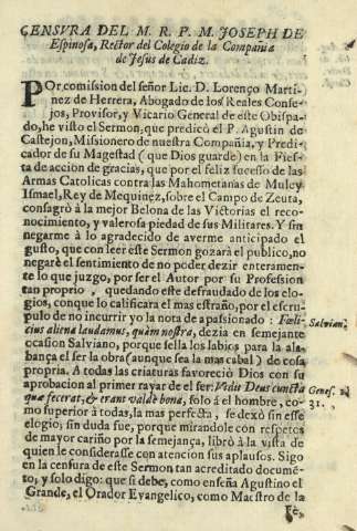 Censvra del M. R. P. M. Joseph de Espinosa, Rector del Colegio de la Compañia de Jesus de Cadiz