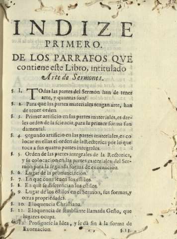 Indize primero. De los parrafos que contiene este libro, intitulado Arte de Sermones