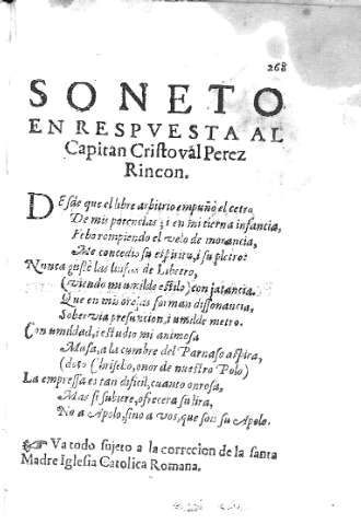 [Soneto en respuesta al Capitan Cristoval Perez Rincon] 268