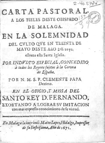 Carta Pastoral a los fieles deste Obispado de Malaga...