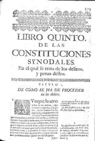 [Libro Quinto. De las Constituciones Synodales. En el qual se trata de los delitos, y penas dellos] 579