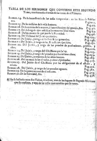Tabla de los Sermones que contiene este segundo Tomo