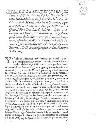 [Copia de la sentencia en el Iuyzio Possessorio, dada por el señor Don Phelipe II...] 1