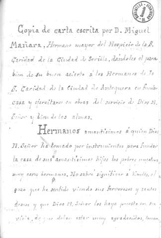 Copia de la carta escrita por D. Miguel