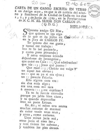 [Carta de un ganso escrita en verso...] I
