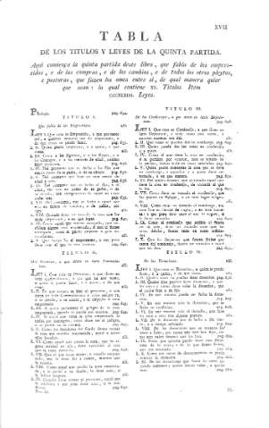 [Tabla de los titulos y leyes de la quinta partida] XVII