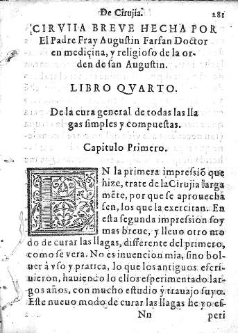 [Libro Quarto. Ciruiia breve hecha por el Padre Fray Augustin Farfan... y Capitulo Primero] 281