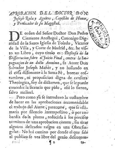 Aprobacion del Doctor Don Joseph Rada...