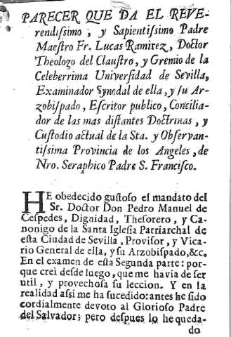 Parecer que da el Reverendissimo, y Sapientissimo Padre Maestro Fr. Lucas Ramirez,...