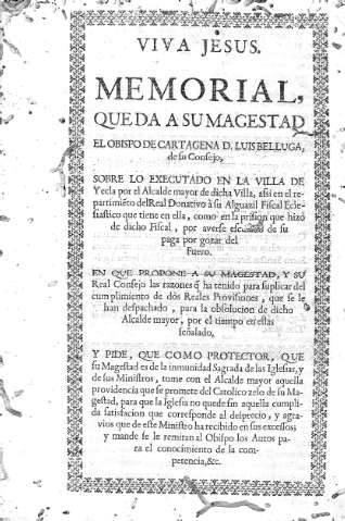 Memorial, queda a su Magestad el Obispo de Cartagena D. Luis Belluga,...