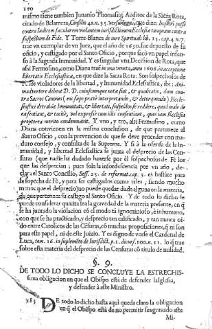 9. De todo lo dicho se concluye la estrechissima obligacion en que el Obispo està de defender la Iglesia,...