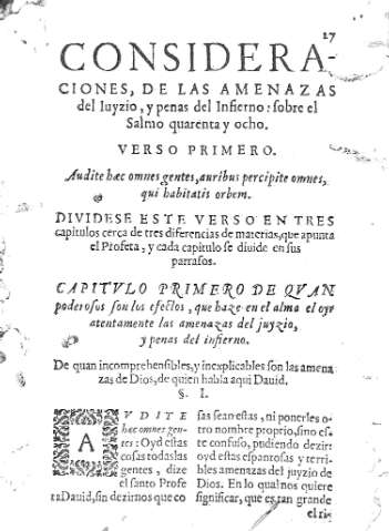 Consideraciones, de las amenazas del Iuyzio, y penas del Infierno... y Verso Primero] 27