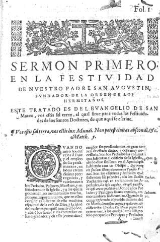[Festividad de Nuestro Padre San Agustin,... y Sermon primero] 1