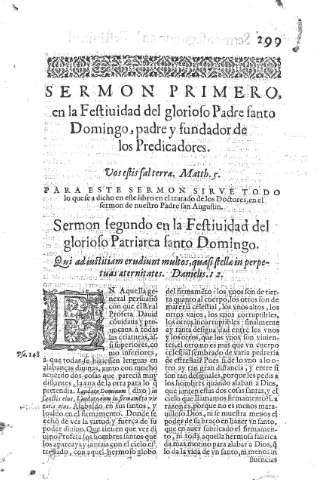 [Festividad del glorioso Padre santo Domingo,..., Sermon primero y Sermon segundo] 299