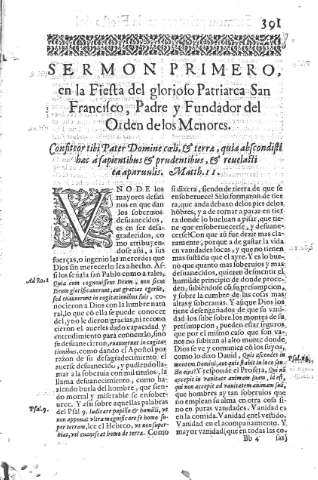 [Fiesta del glorioso Patriarca San Francisco,... y Sermon primero] 391