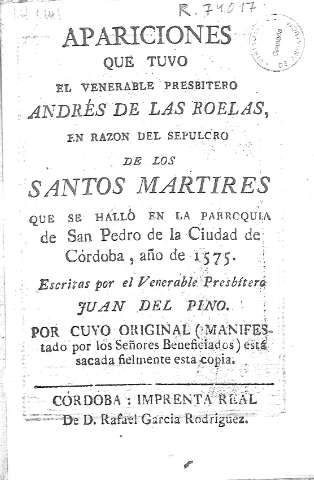 Apariciones que tuvo el venerable presbitero Andrés de las Roelas,...