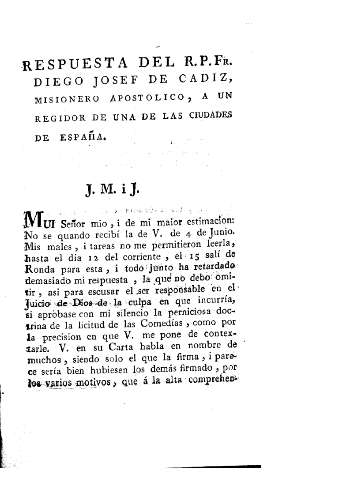 Respuesta del R.P.Fr. Diego Josef de Cadiz,...