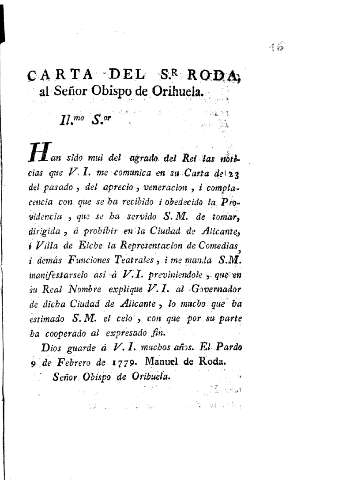 Carta del Sr. Roda, la Sr. Obispo de Orihuela