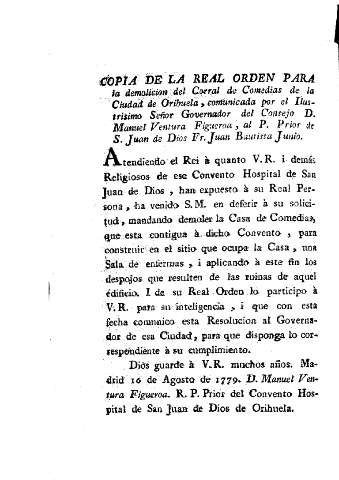 Copia de la Real Orden para la demolicion del Corral de Comedias...