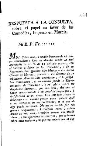 Respuesta a la consulta sobre el papel en favor de las Comedias,...