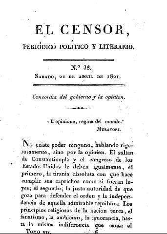 El censor, periódico político y literario. Nº 38. Concordia del gobierno y la opinion