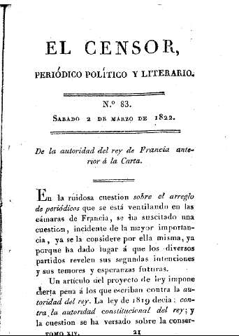 El censor, periódico político y literario. Nº 83. De la autoridad del rey de Francia anterior á la carta
