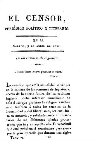 El censor, periódico político y literario. Nº 36. De los católicos de Inglaterra