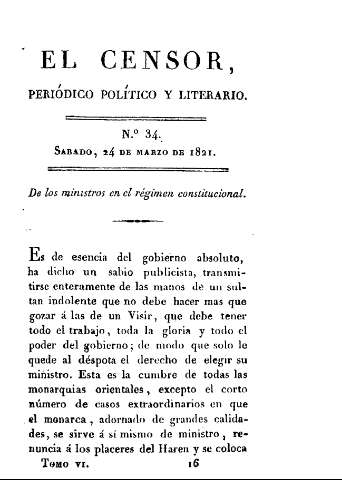 El censor, periódico político y literario. Nº 34. De los ministros en el régimen constitucional