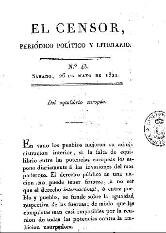 El censor, periódico político y literario. Nº 43. Del equilibrio europeo