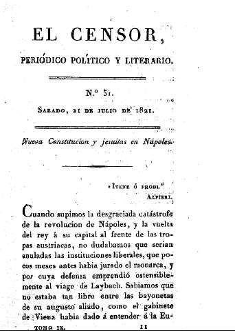 El censor, periódico político y literario. Nº 51. Nueva constitucion y jesuitas en Nápoles