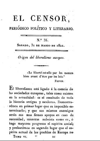 El censor, periódico político y literario. Nº 35. Origen del liberalismo europeo