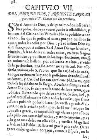 CAPITVLO VII. Del amor de Dios, y ardiente caridad que tenia el V. Claras con los proximos