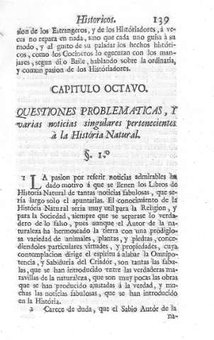 Capitulo Octavo: Questiones problemáticas, y varias noticias singulares pertenecientes à la Historia Natural