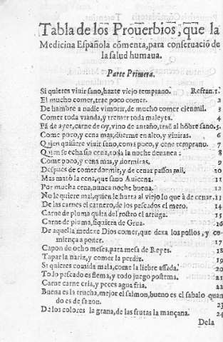 Tabla de los Prouerbios que la Medicina Española comenta para conseruacion de la salud humana