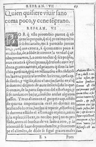 Quien quisiere viuir sano  coma poco, y cene te~prano. Refran VII   