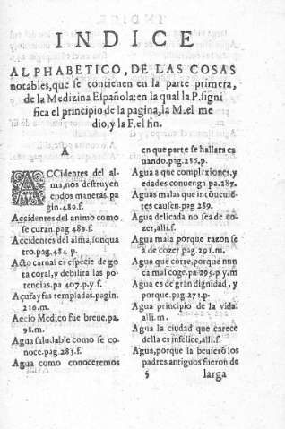 Indice alphabetico de las cosas notables que se contienen en la parte primera de la Medizina Española    