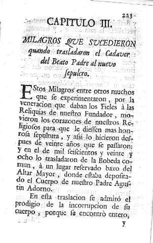Capitulo III. Milagros que sucedieron quando trasladaron el Cadaver del Beato Padre al nuevo sepulcro