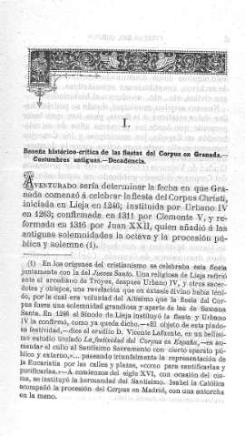 I. Reseña histórico-crítica de las fiestas del Corpus en Granada.- Costumbres antiguas.- Decadencia