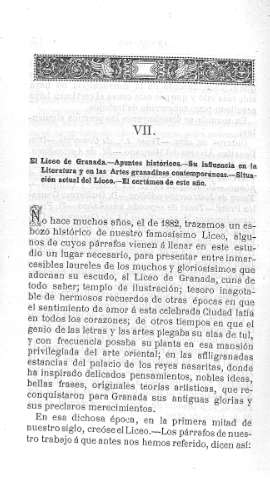 VII. El Liceo de Granada.- Apuntes históricos.- Su influencia en la Literatura y en las Artes granadinas contemporáneas.- Situación actual del Liceo.- El certámen de este año