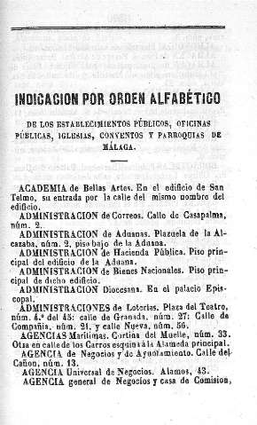 Indicación por orden alfabético de los establecimientos públicos, oficinas publicas,...