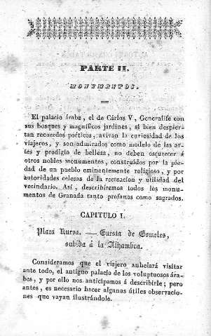Parte II. Monumentos. Capítulo I. Plaza Nueva. Cuesta de Gomeles, subida á la  Alhambra